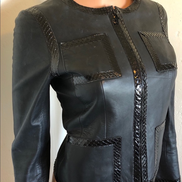 Chanel Jacket 2 Black Lambskin Leather Snake Trim - Picture 2 of 12